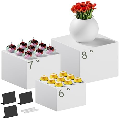 3 PCS 8" 7" 6" White Buffet Risers with Mini Sign and Makers, Large Food Risers for Buffet Table, Display Shelf