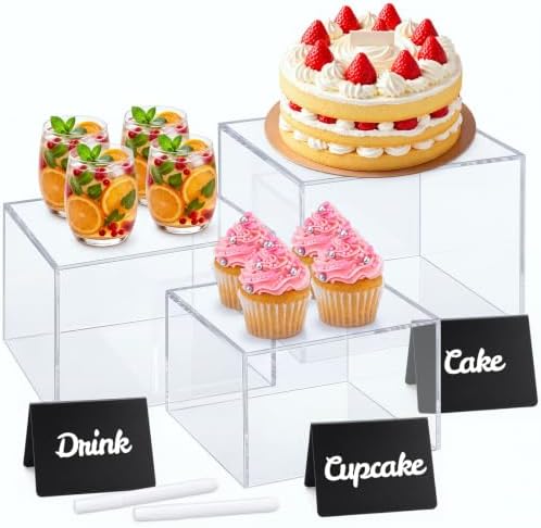 3 Pcs Acrylic Buffet Risers with Price Signs and Markers, Clear in Clear
