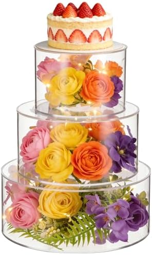 3 PCS Acrylic Cake Stand, 8/10/12 Inch Clear Cake Stand Fillable Cake Riser Round 3 Tier Case Box for Birthday