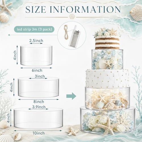 3 Pcs Acrylic Cake Stand with LED Lights 6'', 8'', 10'' Clear Fillable Cake Riser Round 3 Tier Case Box for, alternate view 3