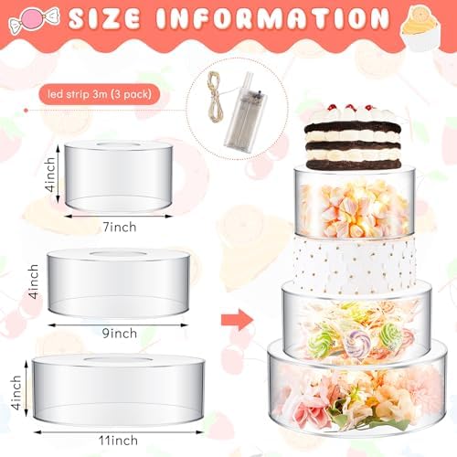 3 Pcs Acrylic Cake Stand with LED Lights 7‘’, 9‘’, 11‘’ Clear Fillable Cake Riser Round 3 Tier Case Box for, alternate view 3