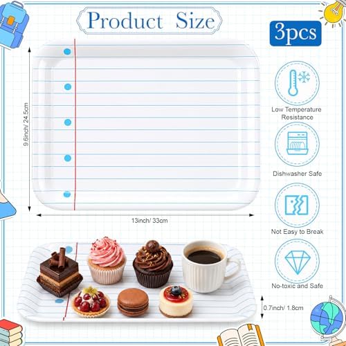 3 Pcs Back to School Serving Trays 13 x 10 Inch Notebook Line Melamine Platters Reusable Rectangular Serving, alternate view