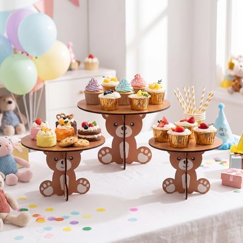 3 Pcs Bear Wood Cake Stands 12" 10" 8" Bear Baby Shower Birthday Decorations 3D Wooden Cupcake Dessert Holders, alternate