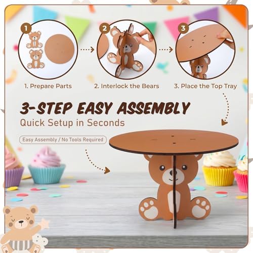 3 Pcs Bear Wood Cake Stands 12" 10" 8" Bear Baby Shower Birthday Decorations 3D Wooden Cupcake Dessert Holders, alternate