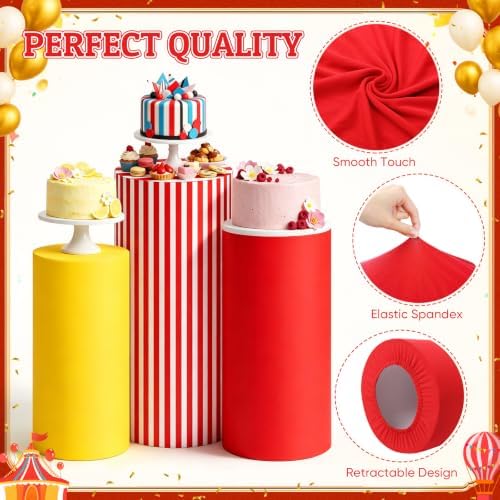 3 Pcs Carnival Circus Cylinder Cover Set, Red White Stripe Spandex Pedestal Plinth Stand Covers for Birthday, alternate view
