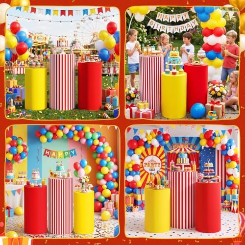 3 Pcs Carnival Circus Cylinder Cover Set, Red White Stripe Spandex Pedestal Plinth Stand Covers for Birthday, alternate view