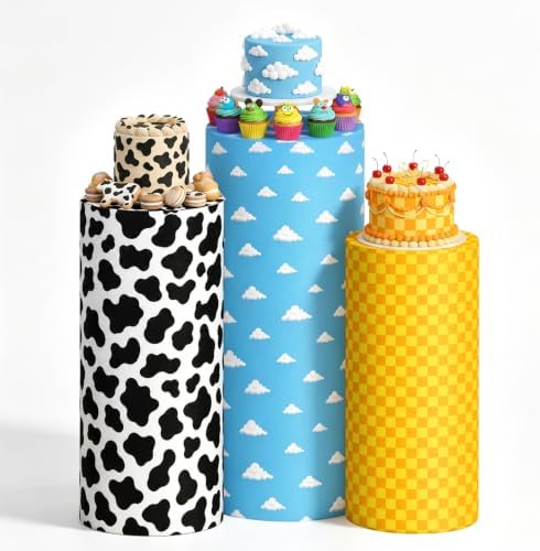 3 Pcs Cartoon Cowboy Cylinder Cover Set, Cow Print Cloud Spandex Pedestal Plinth Stand Covers for Kids Birthday