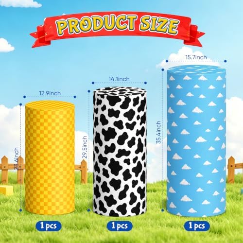 3 Pcs Cartoon Cowboy Cylinder Cover Set, Cow Print Cloud Spandex Pedestal Plinth Stand Covers for Kids Birthday, alternate