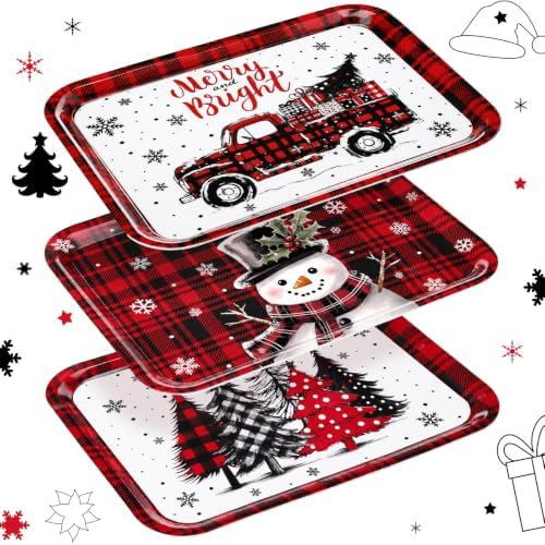 3 Pcs Christmas Serving Trays and Platters Plastic Christmas Platter in Red, Black
