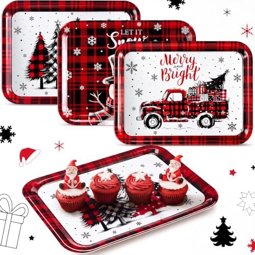 3 Pcs Christmas Serving Trays and Platters Plastic Christmas Platter in Red, Black, alternate view 5