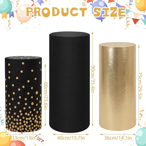 3 Pcs Cylinder Pedestal Stand Covers, Classic, Gold and Black in Gold and Black, alternate view 2