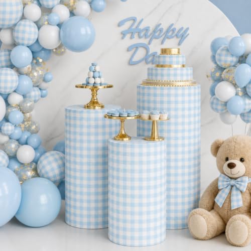 3 Pcs Cylinder Pedestal Stand Covers, Gingham, Blue and White in Blue and White