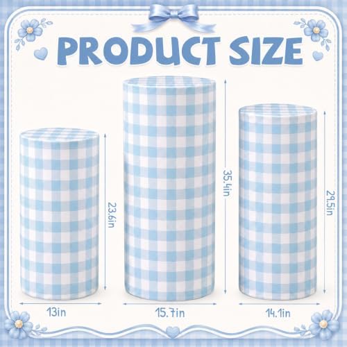 3 Pcs Cylinder Pedestal Stand Covers, Gingham, Blue and White in Blue and White, alternate view 2