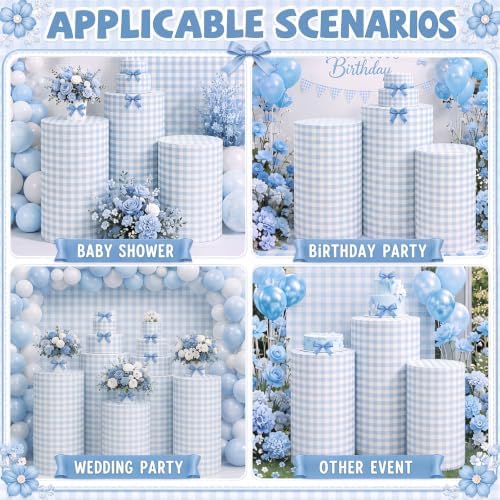 3 Pcs Cylinder Pedestal Stand Covers, Gingham, Blue and White in Blue and White, alternate view 3