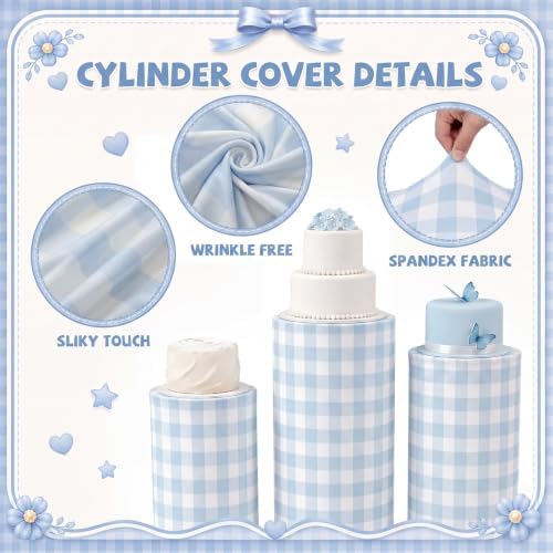 3 Pcs Cylinder Pedestal Stand Covers, Gingham, Blue and White in Blue and White, alternate view 5