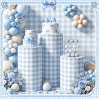 3 Pcs Cylinder Pedestal Stand Covers, Gingham, Blue and White in Blue and White, alternate view 6