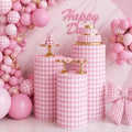 3 Pcs Cylinder Pedestal Stand Covers, Gingham, Pink and White in Pink and White