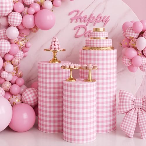 3 Pcs Cylinder Pedestal Stand Covers, Gingham, Pink and White in Pink and White