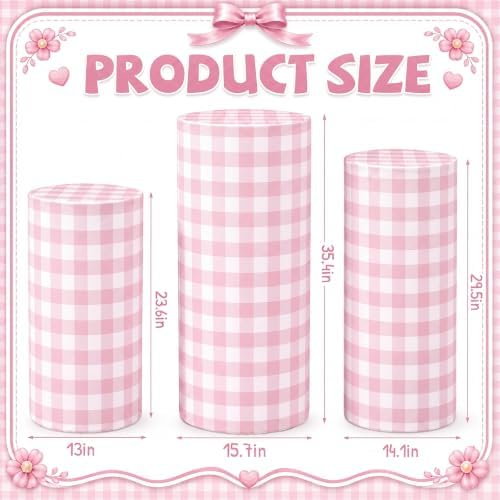 3 Pcs Cylinder Pedestal Stand Covers, Gingham, Pink and White in Pink and White, alternate view 2
