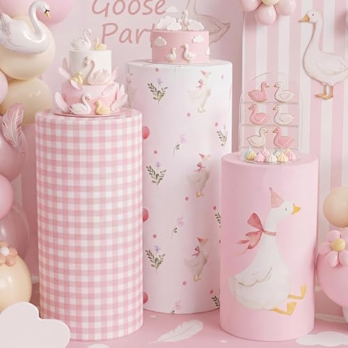 3 Pcs Cylinder Pedestal Stand Covers, Goose, Pink in Pink, alternate view 6
