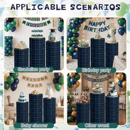 3 Pcs Cylinder Pedestal Stand Covers, Plaid, Blue and Green in Blue and Green, alternate view 3