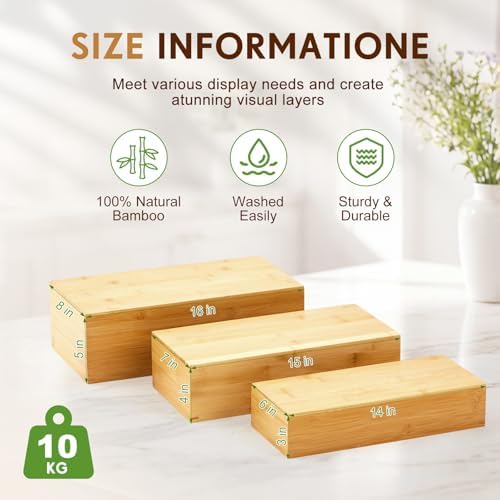 3 Pcs Extra Large Wood Buffet Risers, 16" 15" 14", Bamboo in Bamboo, alternate view 2