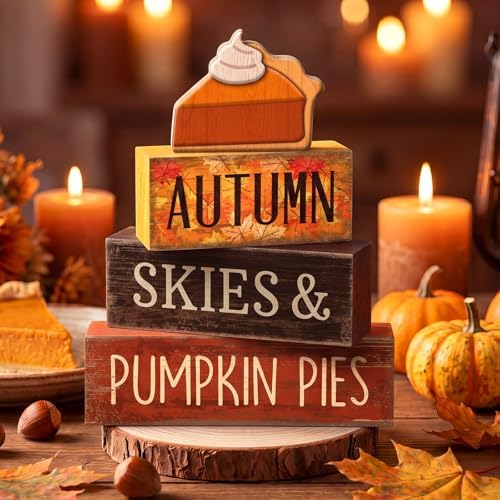 3 Pcs Fall Table Decor, Pumpkin Pie Wood Block Sign Home Tray, alternate view 2