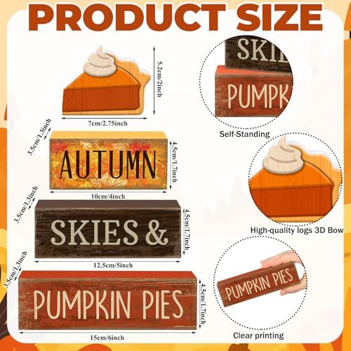 3 Pcs Fall Table Decor, Pumpkin Pie Wood Block Sign Home Tray, alternate view 3