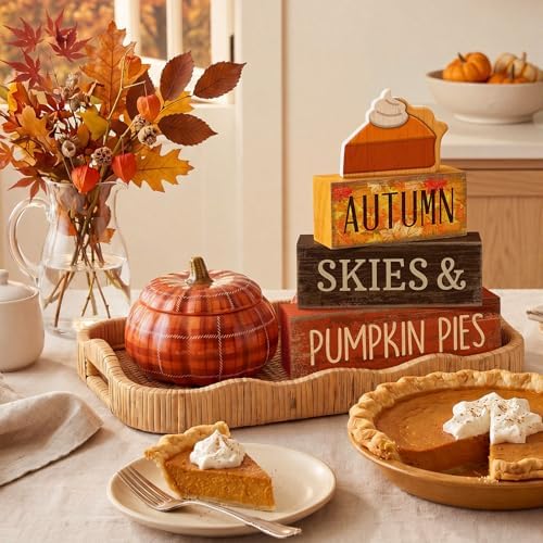 3 Pcs Fall Table Decor, Pumpkin Pie Wood Block Sign Home Tray, alternate view 4
