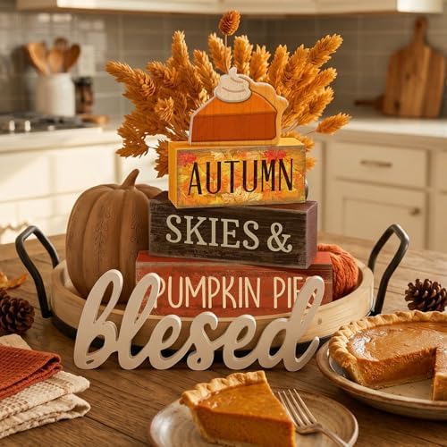 3 Pcs Fall Table Decor, Pumpkin Pie Wood Block Sign Home Tray, alternate view 5