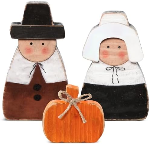 3 Pcs Fall Thanksgiving Decoration Pilgrim Pumpkin Wooden Decor