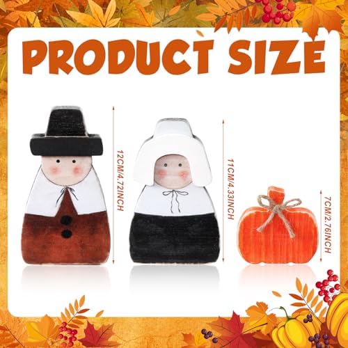 3 Pcs Fall Thanksgiving Decoration Pilgrim Pumpkin Wooden Decor, alternate view 3