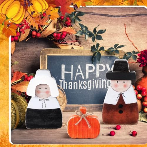 3 Pcs Fall Thanksgiving Decoration Pilgrim Pumpkin Wooden Decor, alternate view 4