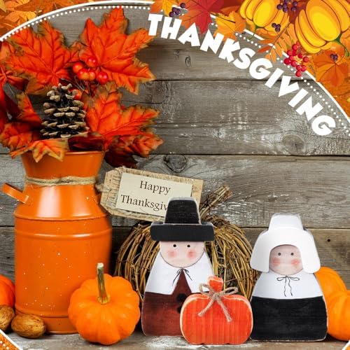 3 Pcs Fall Thanksgiving Decoration Pilgrim Pumpkin Wooden Decor, alternate view 5
