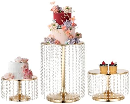 3 Pcs Gold Cake Stand with Crystal Pendants, Metal Cake Stand for Dessert Table, Round Base Cake Display Stand