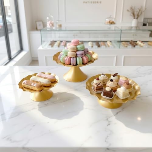 3 Pcs Gold Metal Cupcake Stand Scalloped Edge Dessert Display Tray in Gold, alternate view 6