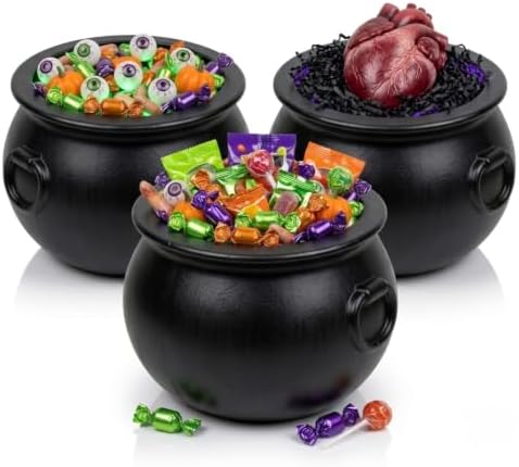 3 Pcs Halloween Cauldron - 10inch Witch Plastic Cauldron bowl Black, For Halloween Décor