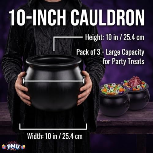 3 Pcs Halloween Cauldron - 10inch Witch Plastic Cauldron bowl Black, For Halloween Décor, alternate view 4