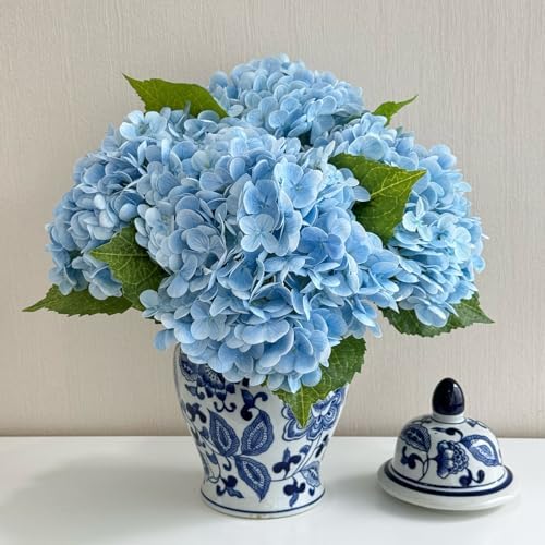 3 PCS Light Blue Artificial Hydrangea Fake Flowers 21'' Latex Lifelike Real Touch Large Bouquet Head with Long