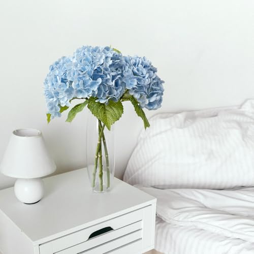 3 PCS Light Blue Artificial Hydrangea Fake Flowers 21'' Latex Lifelike Real Touch Large Bouquet Head with Long, alternate