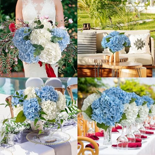 3 PCS Light Blue Artificial Hydrangea Fake Flowers 21'' Latex Lifelike Real Touch Large Bouquet Head with Long, alternate