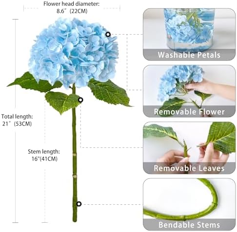 3 PCS Light Blue Artificial Hydrangea Fake Flowers 21'' Latex Lifelike Real Touch Large Bouquet Head with Long, alternate