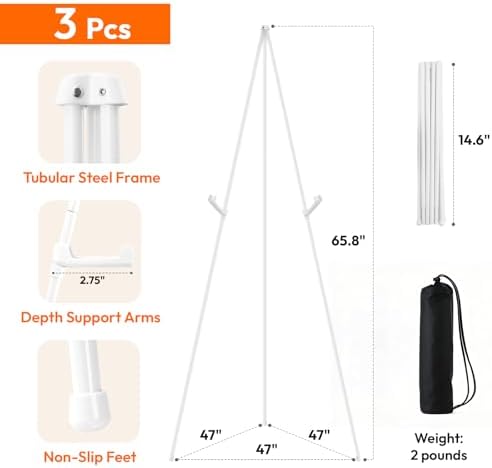 3 Pcs Lightweight Easel Stand, 66 Inch, White, with Portable Bags in White, alternate view 3