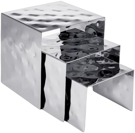 3 Pcs Nested Stainless Steel Display Risers with Hammered Finish Silver Food Dessert Display Stand for Catering
