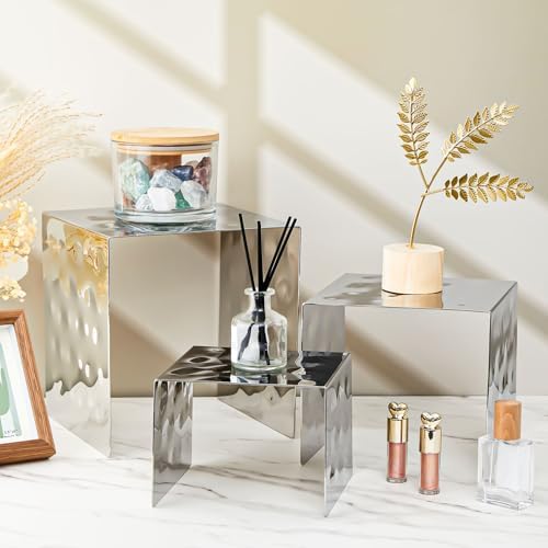 3 Pcs Nested Stainless Steel Display Risers with Hammered Finish Silver Food Dessert Display Stand for Catering, alternate