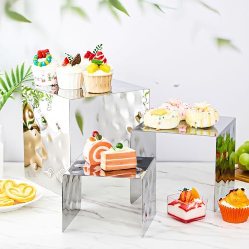 3 Pcs Nested Stainless Steel Display Risers with Hammered Finish Silver Food Dessert Display Stand for Catering, alternate
