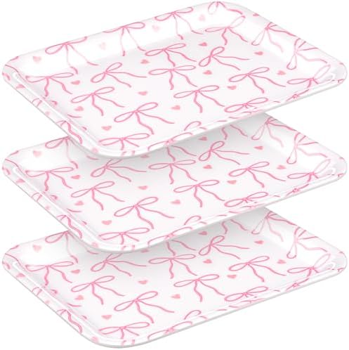 3 Pcs Pink Bow Serving Tray Bowknot Reusable Plate Dish 13" x 10" Decorative Tray Platter for Serving Food Room