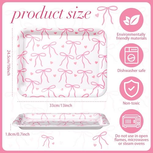 3 Pcs Pink Bow Serving Tray Bowknot Reusable Plate Dish 13" x 10" Decorative Tray Platter for Serving Food Room, alternate