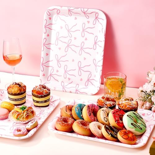 3 Pcs Pink Bow Serving Tray Bowknot Reusable Plate Dish 13" x 10" Decorative Tray Platter for Serving Food Room, alternate