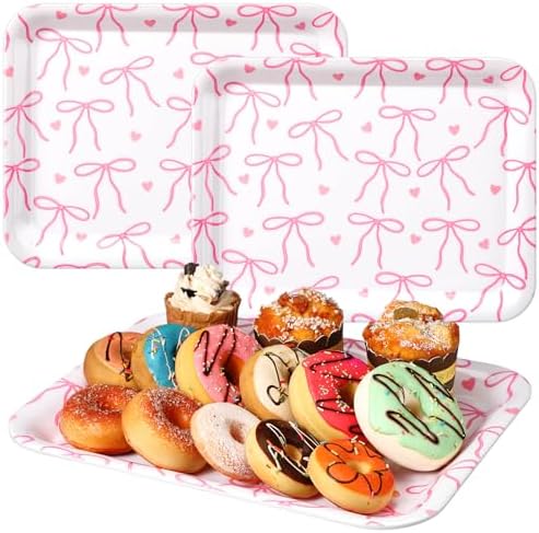 3 Pcs Pink Bow Serving Tray Bowknot Reusable Plate Dish 13" x 10" Decorative Tray Platter for Serving Food Room, alternate